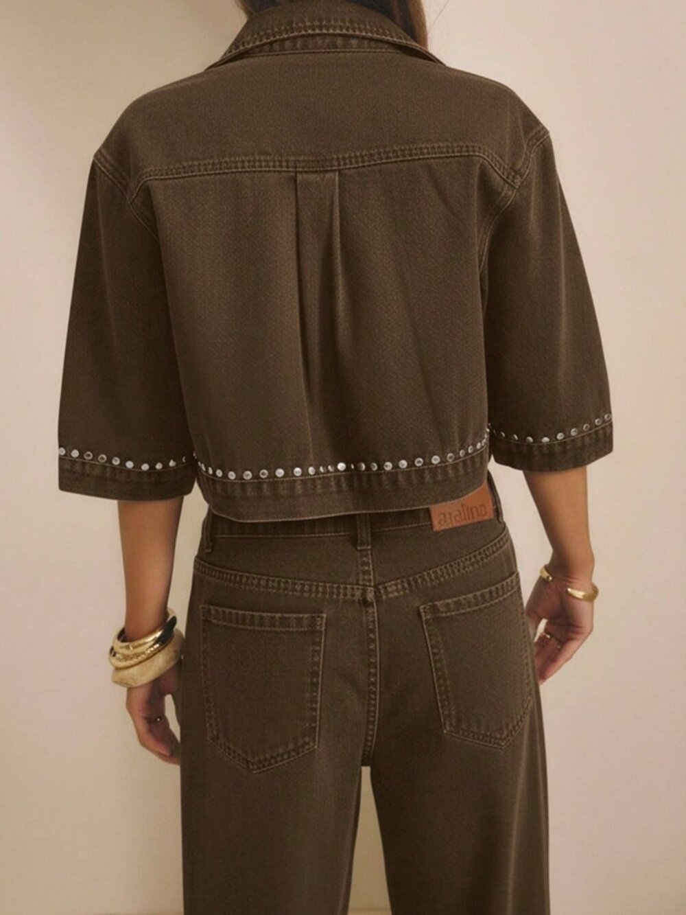 Chocolate Brown Casual Women's Studded Button Front Short Sleeve Cropped Jacket - Picture 2 of 7